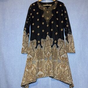 Caleoos Large Black Gold Boho Fairy Whimsygoth Casual Flowy Tunic Top Womens